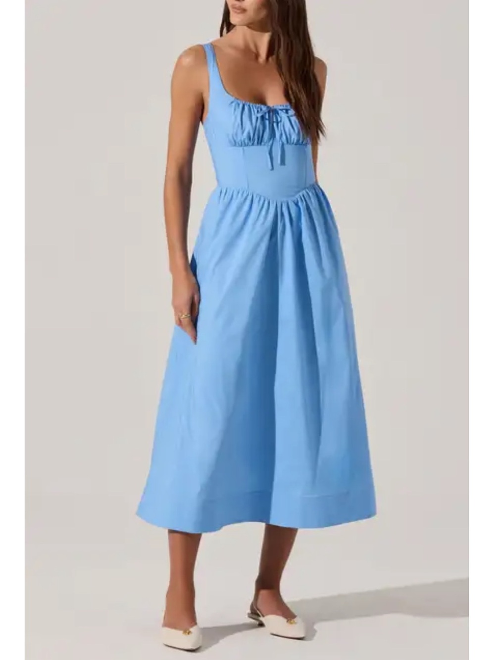Astr Pale Blue Midi Skirt Dress with Gathered Bodice